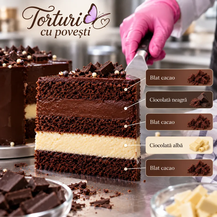Secțiune tort: Ciocolată neagră și albă