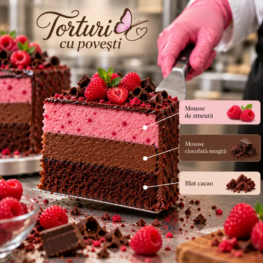 Secțiune tort: Zmeură și ciocolată