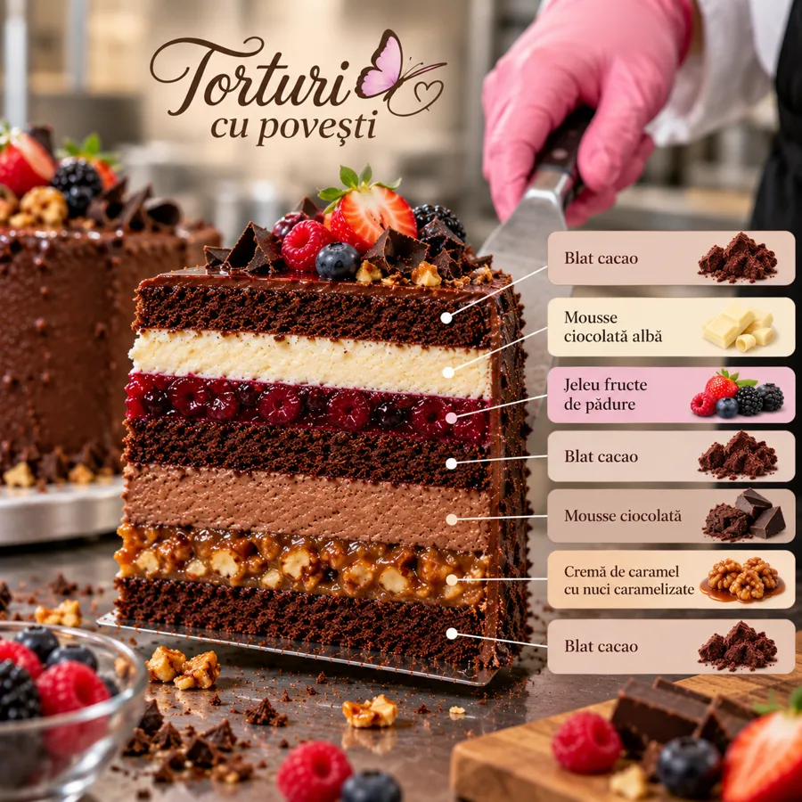 Secțiune tort: Ciocolată, caramel și nuci