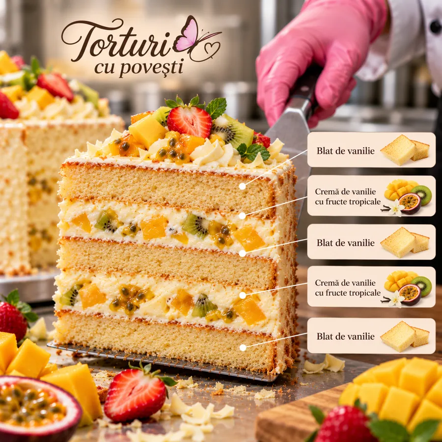 Secțiune tort: Vanilie și fructe tropicale