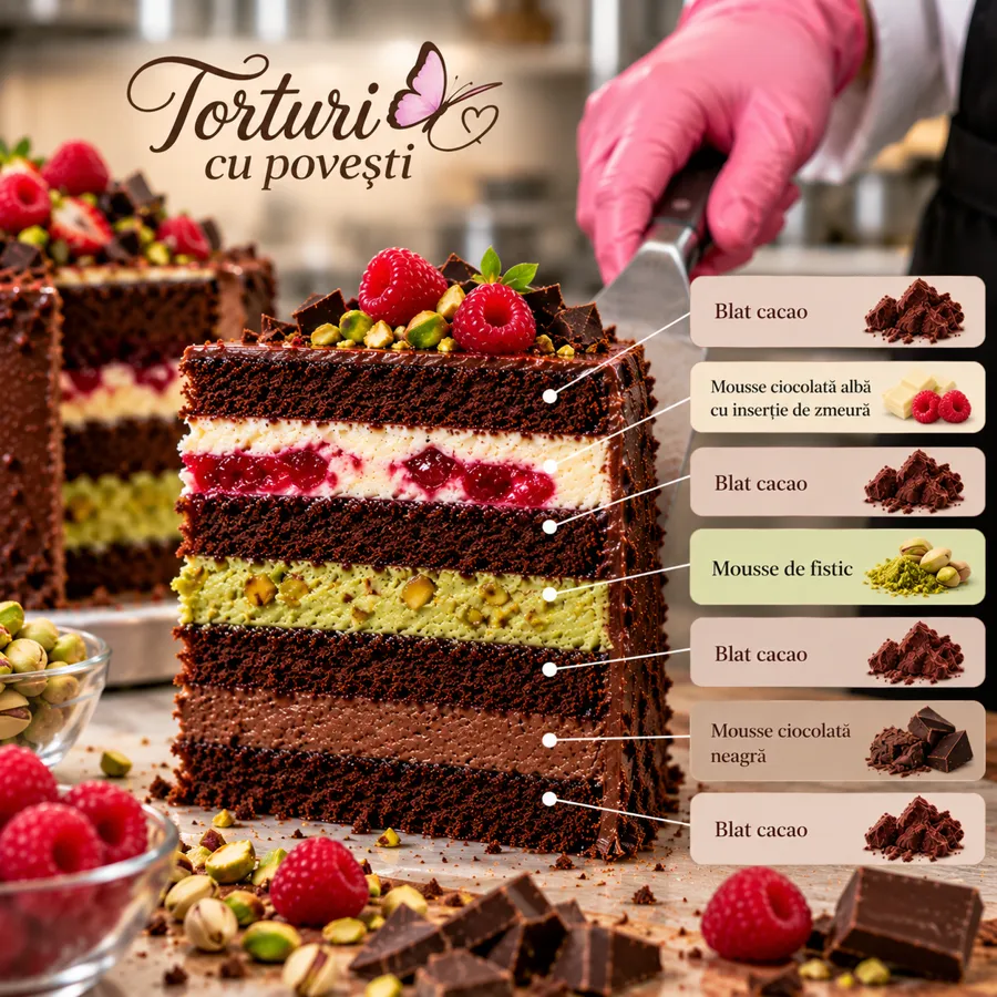 Secțiune tort: Fistic, zmeură și ciocolată