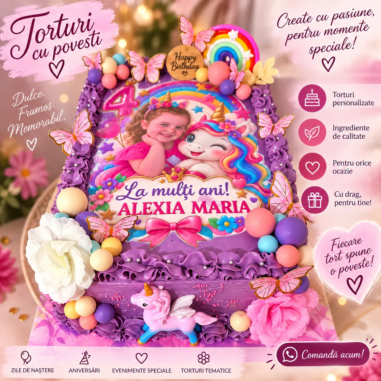 Tort aniversar unicorn Alexia Maria, cu fluturi și decor mov